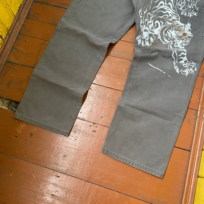Custom Dickies Tiger Pants – Grey Workwear with White Tiger Print & Paint Marks | 1 of 1 Vintage