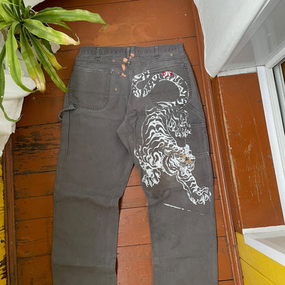 Custom Dickies Tiger Pants – Grey Workwear with White Tiger Print & Paint Marks | 1 of 1 Vintage