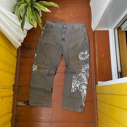 Custom Dickies Tiger Pants – Distressed Grey Work Pants with White Tiger Print | Vintage 1 of 1