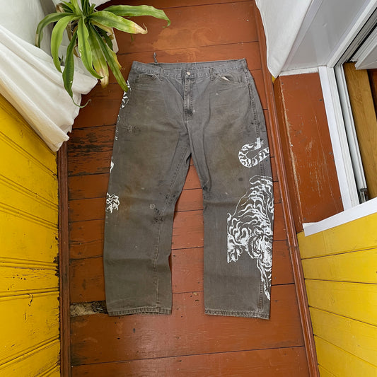Custom Dickies Tiger Pants – Distressed Grey Work Pants with White Tiger Print | Vintage 1 of 1