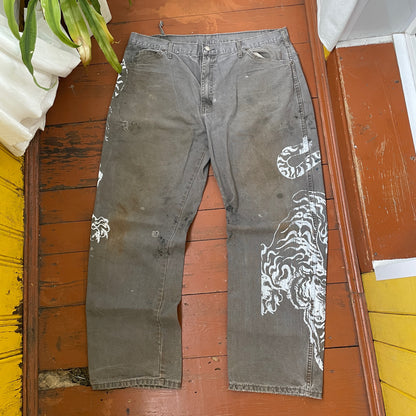 Custom Dickies Tiger Pants – Distressed Grey Work Pants with White Tiger Print | Vintage 1 of 1
