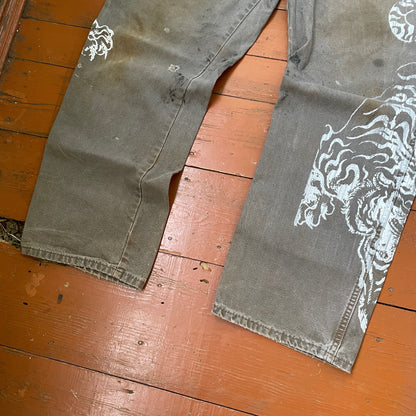 Custom Dickies Tiger Pants – Distressed Grey Work Pants with White Tiger Print | Vintage 1 of 1