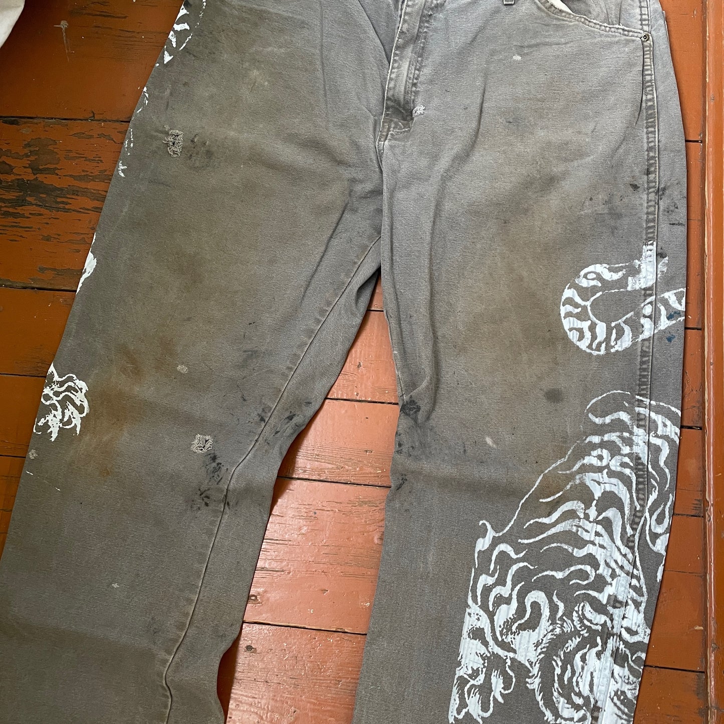 Custom Dickies Tiger Pants – Distressed Grey Work Pants with White Tiger Print | Vintage 1 of 1