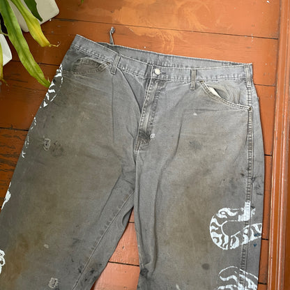 Custom Dickies Tiger Pants – Distressed Grey Work Pants with White Tiger Print | Vintage 1 of 1