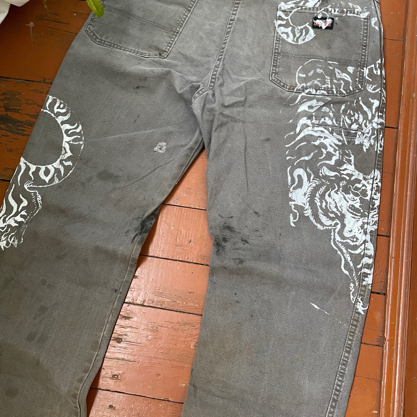 Custom Dickies Tiger Pants – Distressed Grey Work Pants with White Tiger Print | Vintage 1 of 1