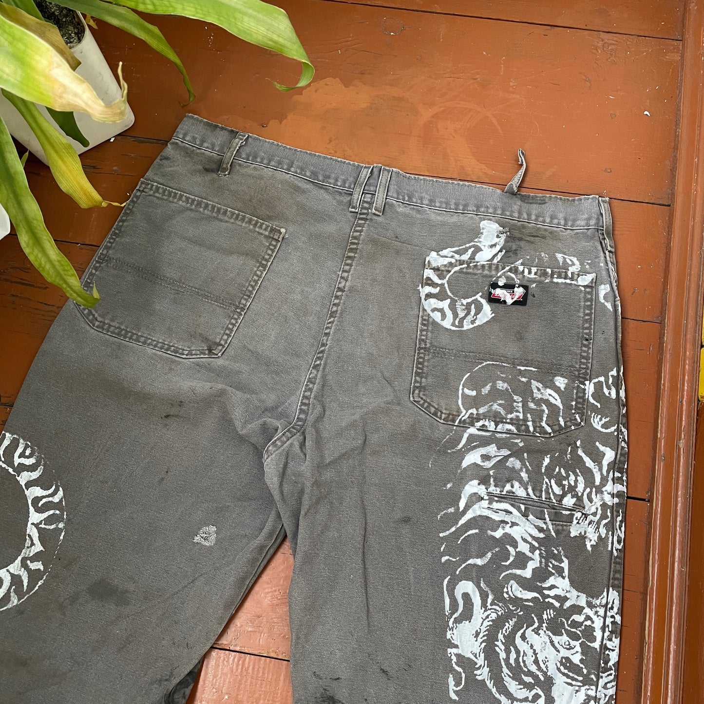Custom Dickies Tiger Pants – Distressed Grey Work Pants with White Tiger Print | Vintage 1 of 1
