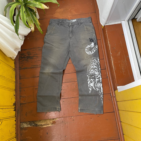 Custom Carhartt Tiger Pants – Hand-Faded Grey with White Tiger Art | Vintage Workwear 1 of 1