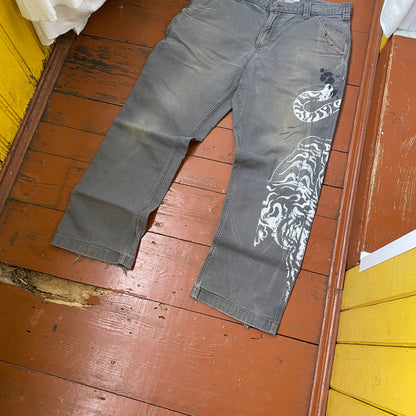 Custom Carhartt Tiger Pants – Hand-Faded Grey with White Tiger Art | Vintage Workwear 1 of 1