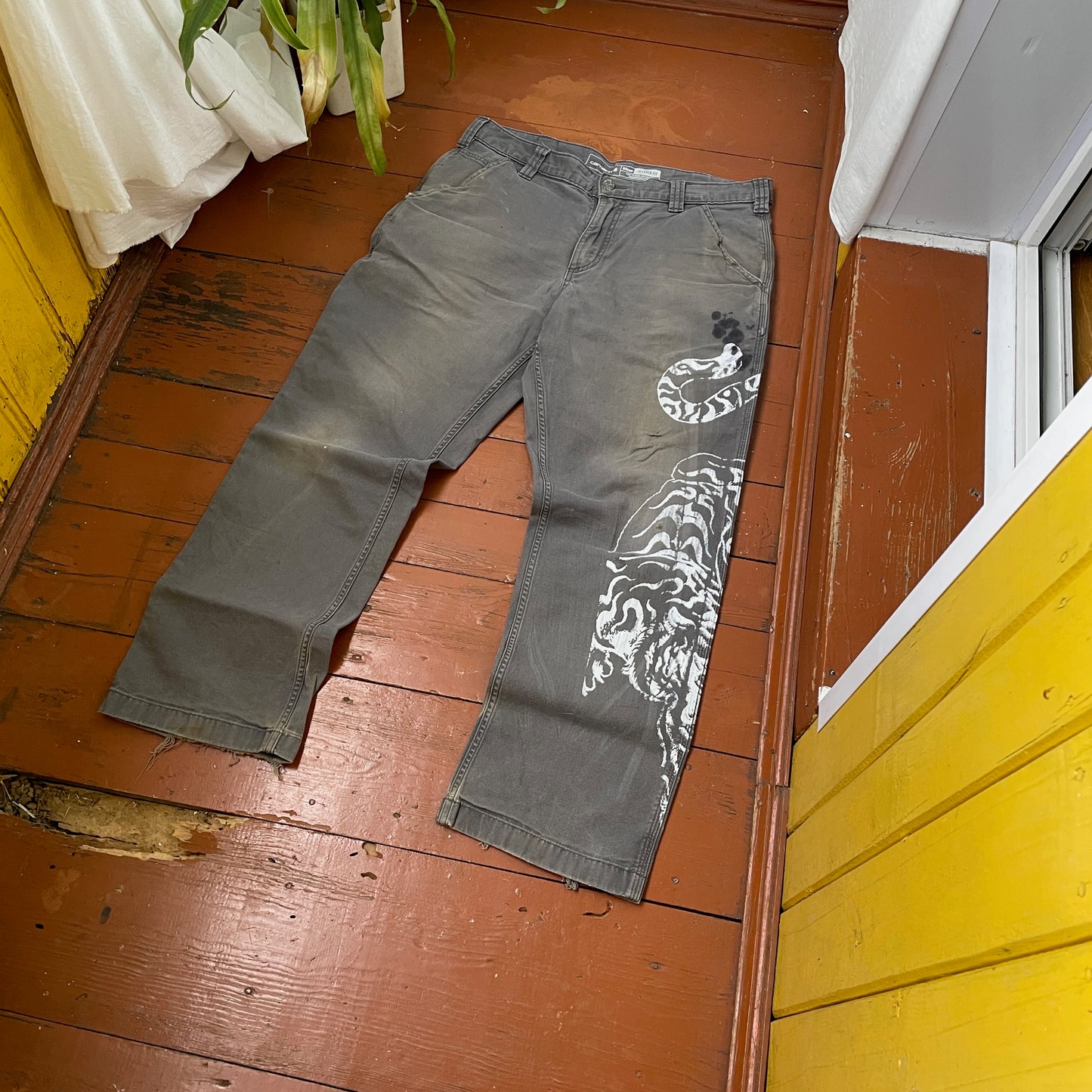 Custom Carhartt Tiger Pants – Hand-Faded Grey with White Tiger Art | Vintage Workwear 1 of 1