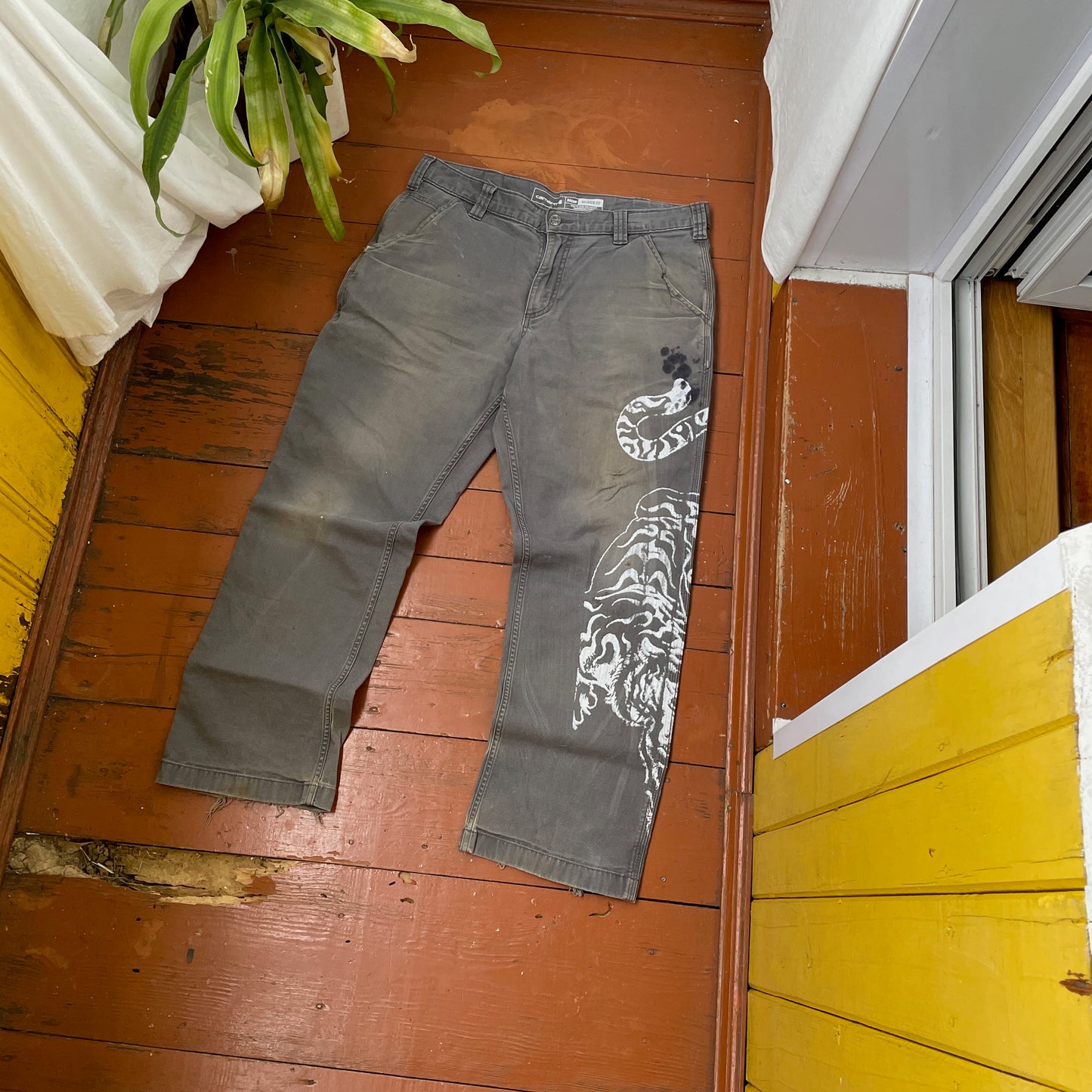 Custom Carhartt Tiger Pants – Hand-Faded Grey with White Tiger Art | Vintage Workwear 1 of 1