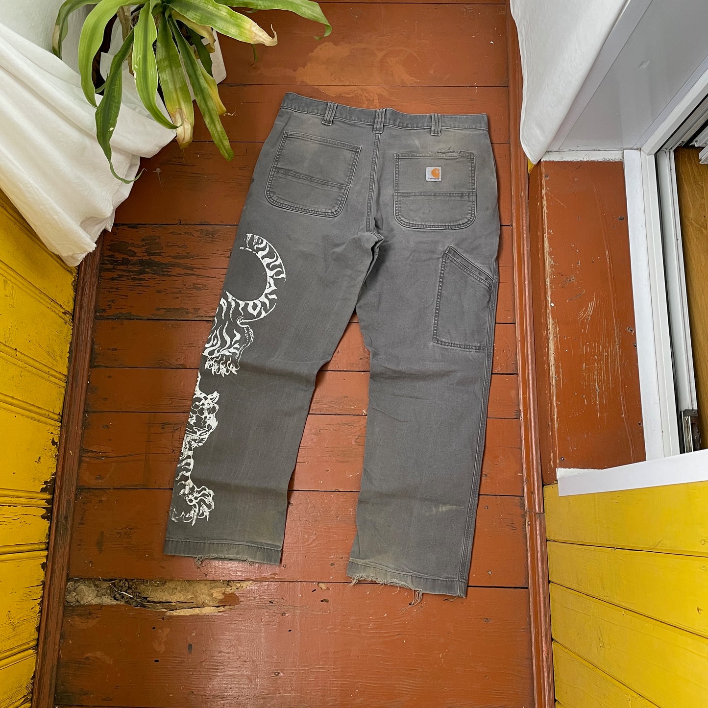 Custom Carhartt Tiger Pants – Hand-Faded Grey with White Tiger Art | Vintage Workwear 1 of 1