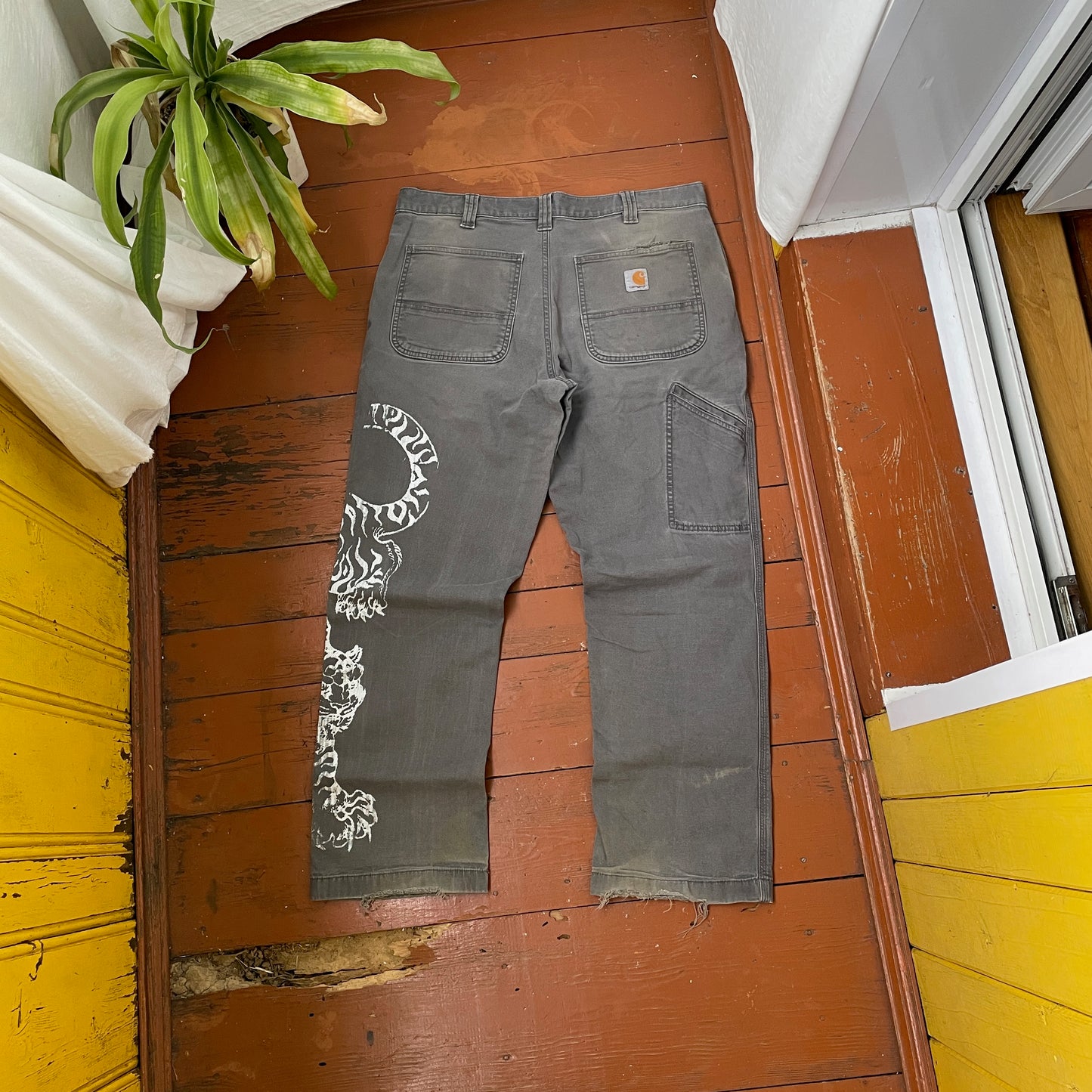 Custom Carhartt Tiger Pants – Hand-Faded Grey with White Tiger Art | Vintage Workwear 1 of 1