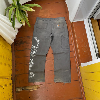 Custom Carhartt Tiger Pants – Hand-Faded Grey with White Tiger Art | Vintage Workwear 1 of 1