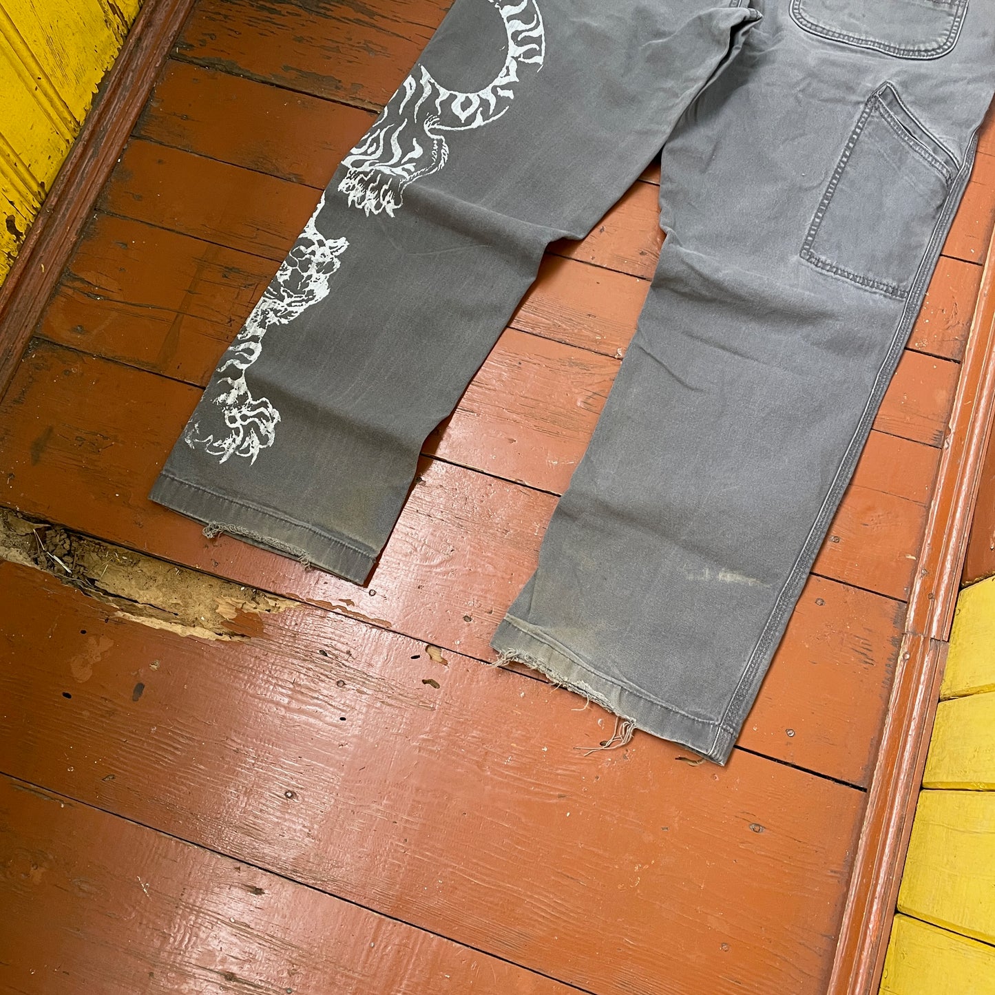 Custom Carhartt Tiger Pants – Hand-Faded Grey with White Tiger Art | Vintage Workwear 1 of 1