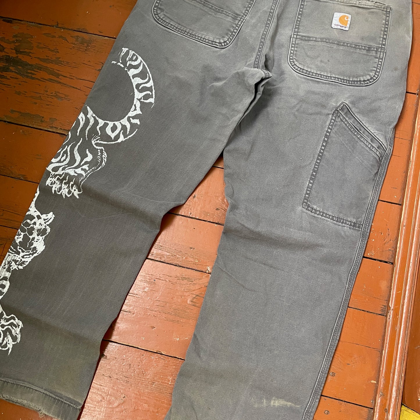 Custom Carhartt Tiger Pants – Hand-Faded Grey with White Tiger Art | Vintage Workwear 1 of 1