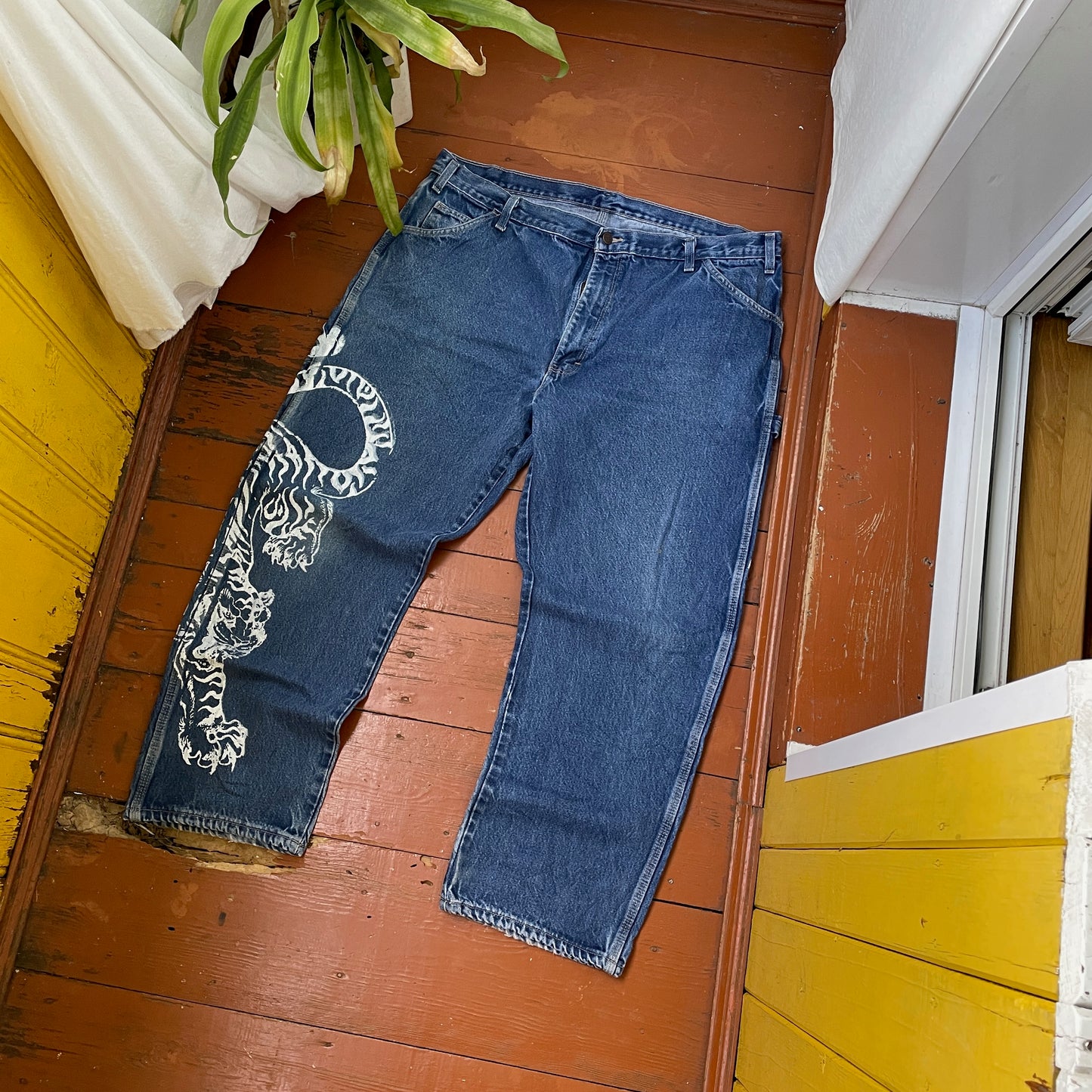 Custom Dickies Tiger Pants – Wide Fit Denim with Bold White Tiger Art | Vintage Streetwear 1 of 1