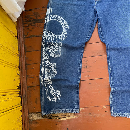 Custom Dickies Tiger Pants – Wide Fit Denim with Bold White Tiger Art | Vintage Streetwear 1 of 1