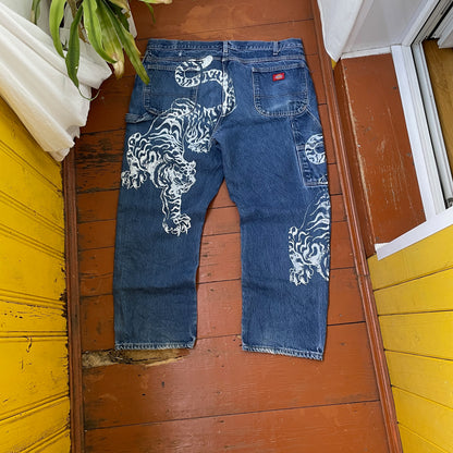 Custom Dickies Tiger Pants – Wide Fit Denim with Bold White Tiger Art | Vintage Streetwear 1 of 1