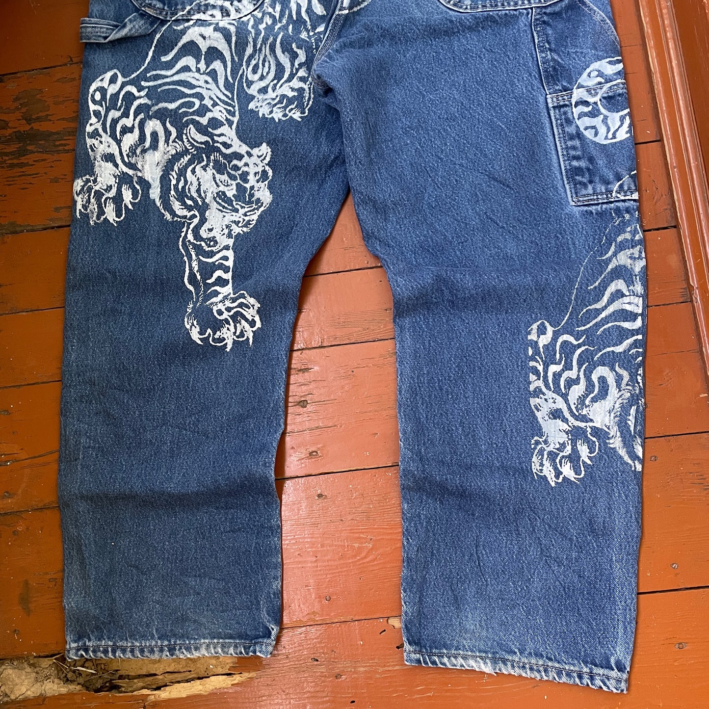 Custom Dickies Tiger Pants – Wide Fit Denim with Bold White Tiger Art | Vintage Streetwear 1 of 1