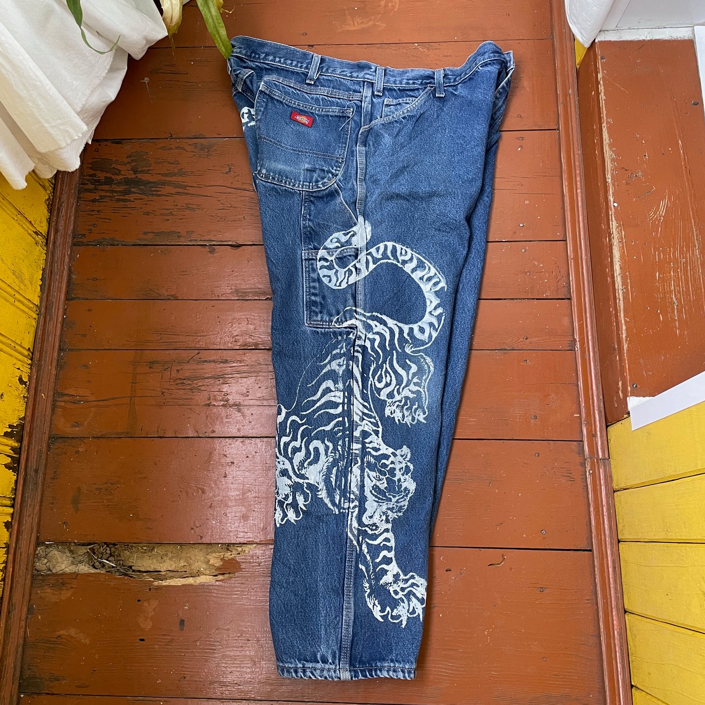 Custom Dickies Tiger Pants – Wide Fit Denim with Bold White Tiger Art | Vintage Streetwear 1 of 1