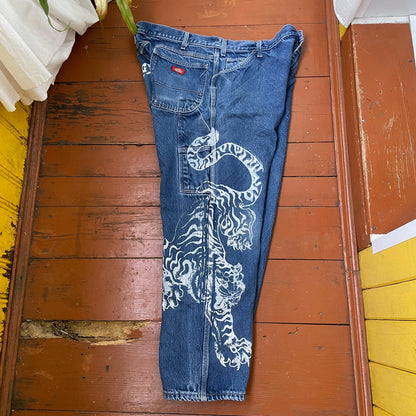 Custom Dickies Tiger Pants – Wide Fit Denim with Bold White Tiger Art | Vintage Streetwear 1 of 1