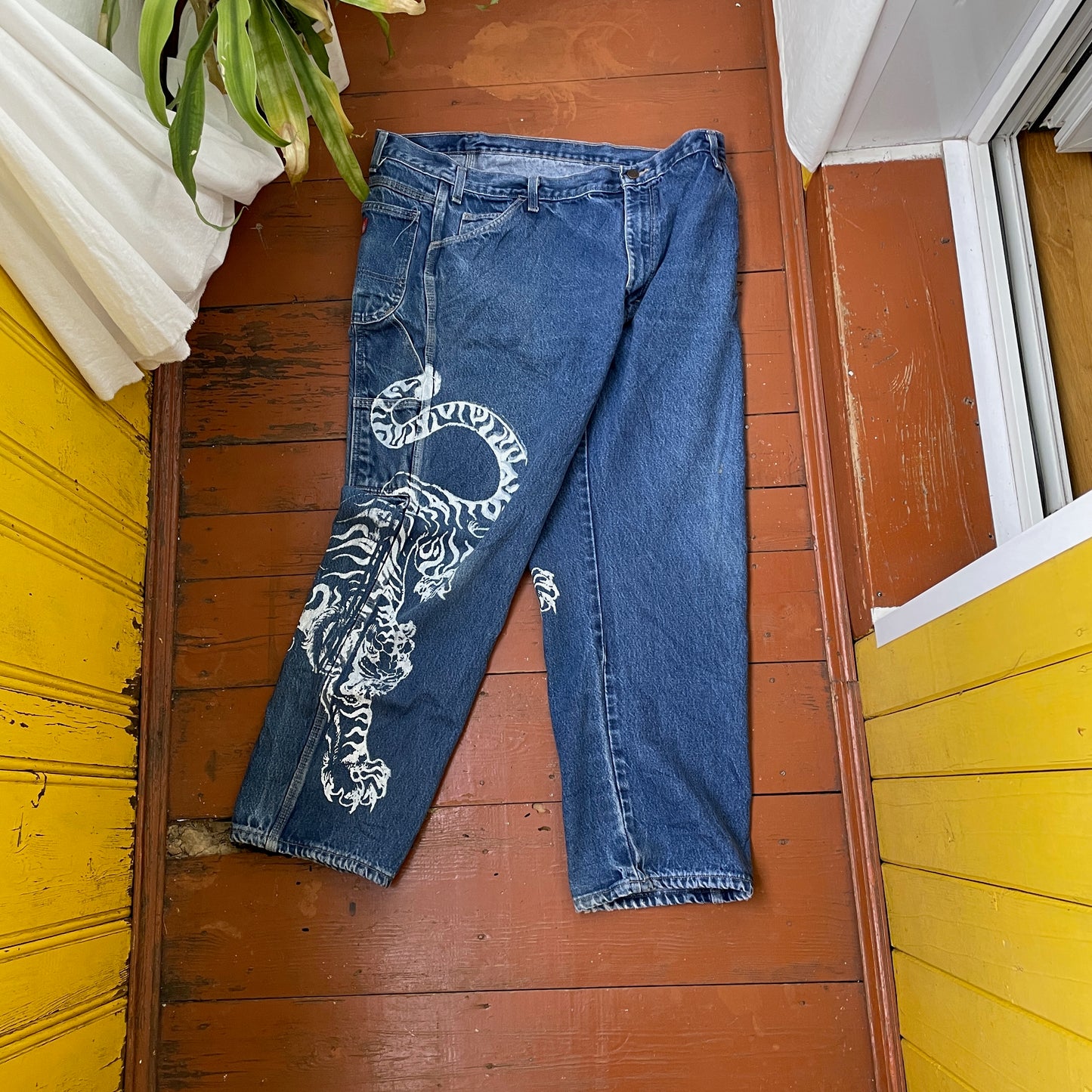 Custom Dickies Tiger Pants – Wide Fit Denim with Bold White Tiger Art | Vintage Streetwear 1 of 1