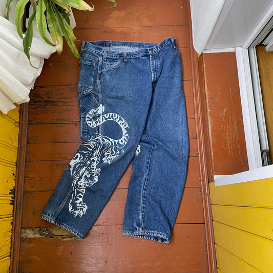 Custom Dickies Tiger Pants – Wide Fit Denim with Bold White Tiger Art | Vintage Streetwear 1 of 1