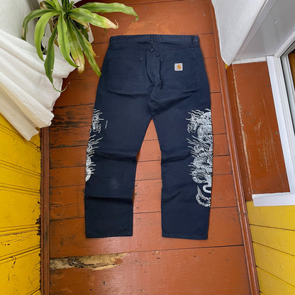 Custom Carhartt Dragon Pants – Navy Blue Workwear with Twin White Dragon Print | 1 of 1 Reworked Streetwear