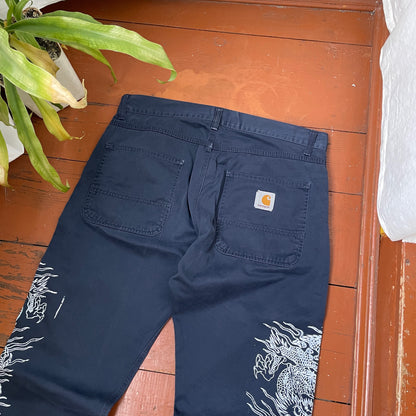 Custom Carhartt Dragon Pants – Navy Blue Workwear with Twin White Dragon Print | 1 of 1 Reworked Streetwear