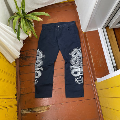 Custom Carhartt Dragon Pants – Navy Blue Workwear with Twin White Dragon Print | 1 of 1 Reworked Streetwear