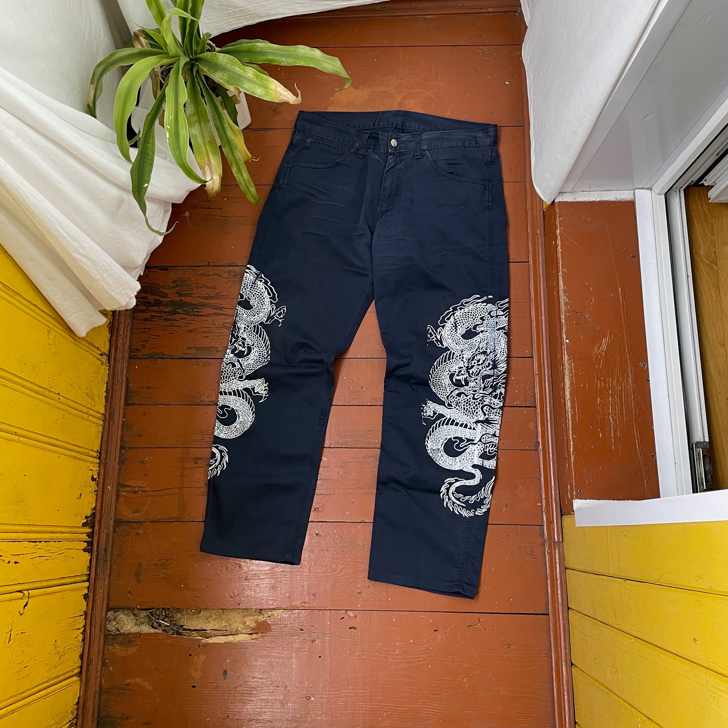 Custom Carhartt Dragon Pants – Navy Blue Workwear with Twin White Dragon Print | 1 of 1 Reworked Streetwear