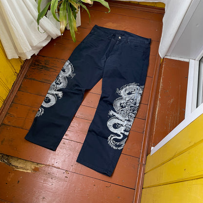 Custom Carhartt Dragon Pants – Navy Blue Workwear with Twin White Dragon Print | 1 of 1 Reworked Streetwear