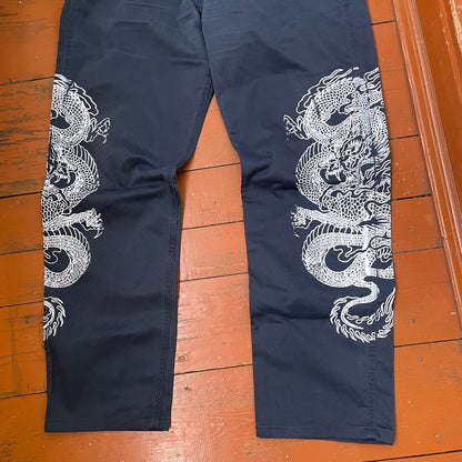 Custom Carhartt Dragon Pants – Navy Blue Workwear with Twin White Dragon Print | 1 of 1 Reworked Streetwear