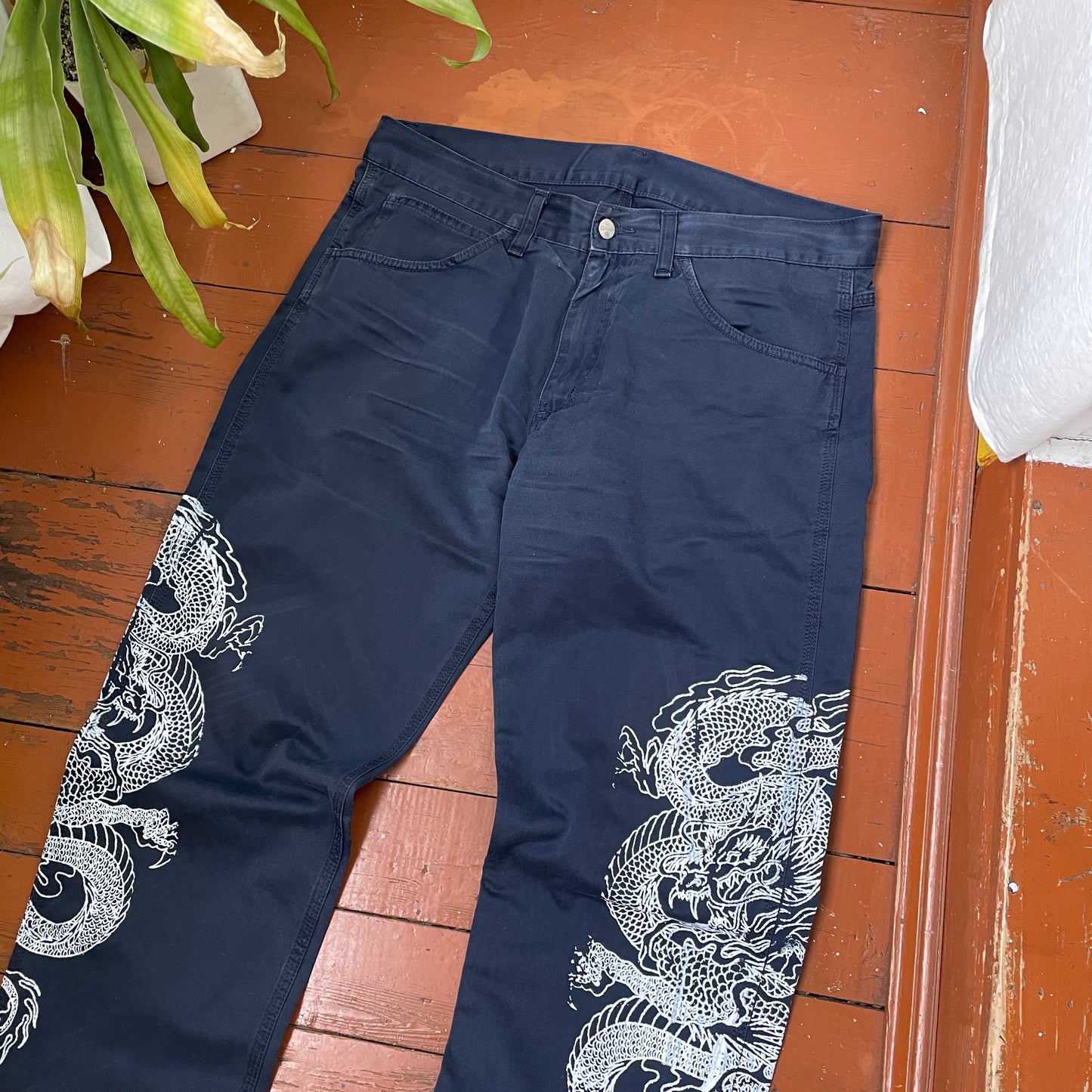 Custom Carhartt Dragon Pants – Navy Blue Workwear with Twin White Dragon Print | 1 of 1 Reworked Streetwear