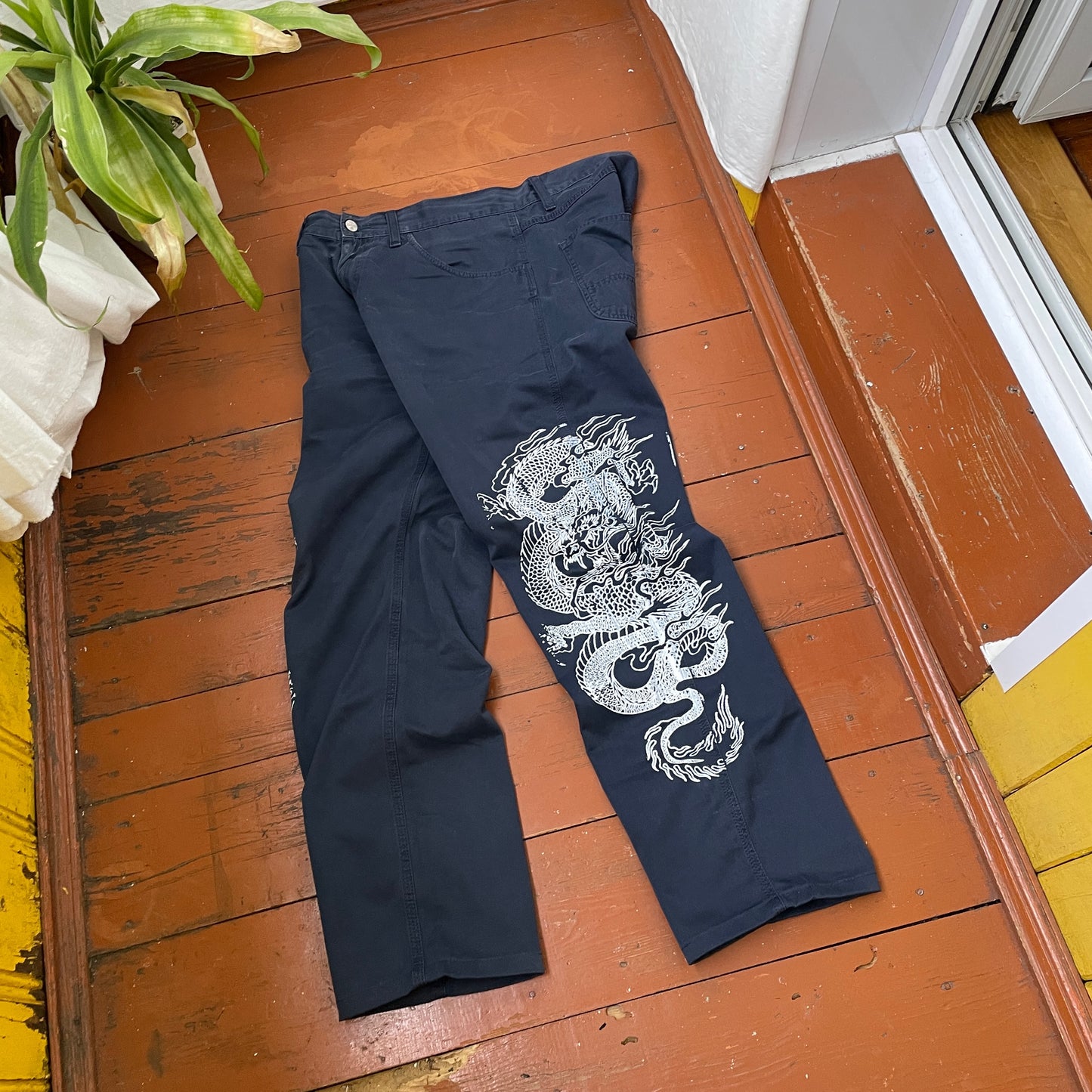 Custom Carhartt Dragon Pants – Navy Blue Workwear with Twin White Dragon Print | 1 of 1 Reworked Streetwear