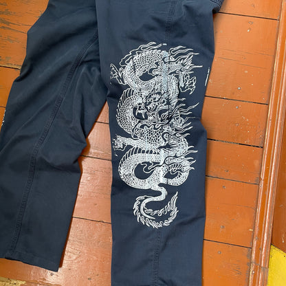 Custom Carhartt Dragon Pants – Navy Blue Workwear with Twin White Dragon Print | 1 of 1 Reworked Streetwear