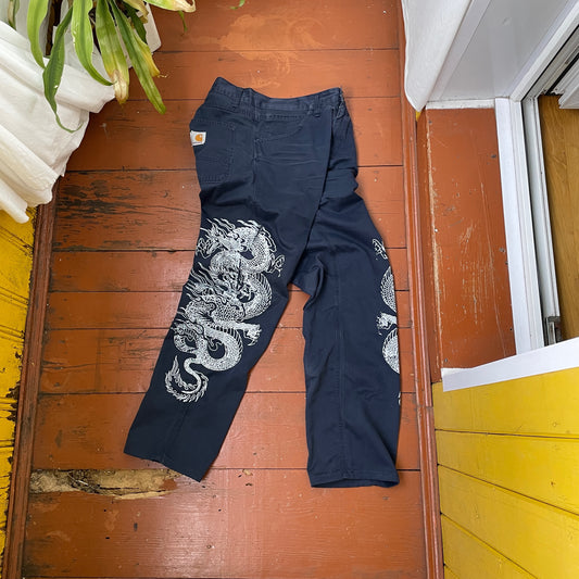 Custom Carhartt Dragon Pants – Navy Blue Workwear with Twin White Dragon Print | 1 of 1 Reworked Streetwear