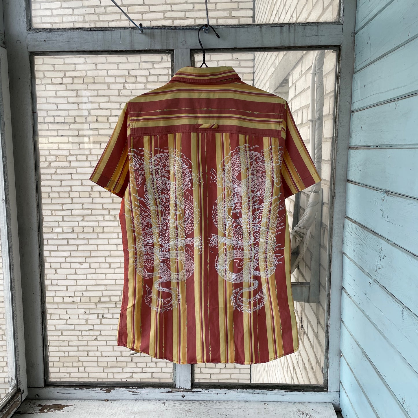 Custom Oakley Dragon Shirt – Striped Short-Sleeve with White Twin Dragon Print | Y2K Retro Streetwear 1 of 1