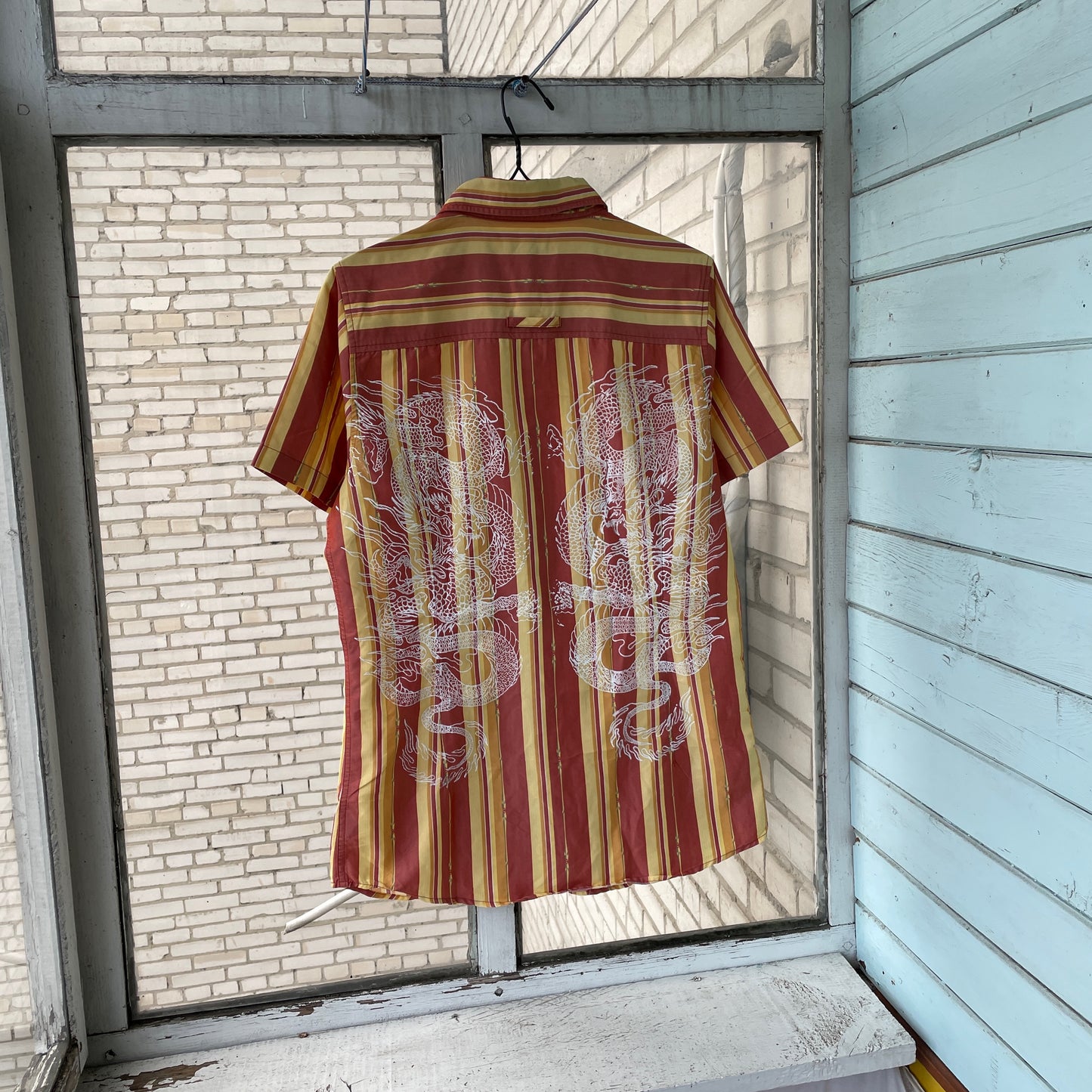 Custom Oakley Dragon Shirt – Striped Short-Sleeve with White Twin Dragon Print | Y2K Retro Streetwear 1 of 1