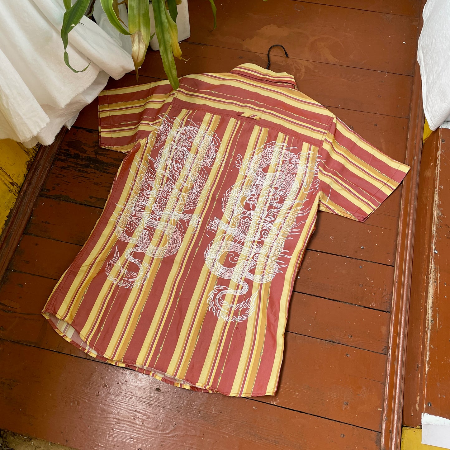 Custom Oakley Dragon Shirt – Striped Short-Sleeve with White Twin Dragon Print | Y2K Retro Streetwear 1 of 1